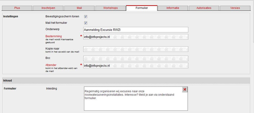 3. Tabblad Formulier Via het tabblad Formulier kan het formulier aangemaakt worden dat boven de workshops verschijnt.