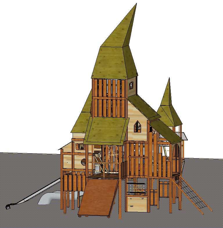 Post 42: Leveren en plaatsen van een groot houten speelkasteel. Detail van de post: Centraal in de speelzone voor de grotere kinderen staat het groot speelkasteel.