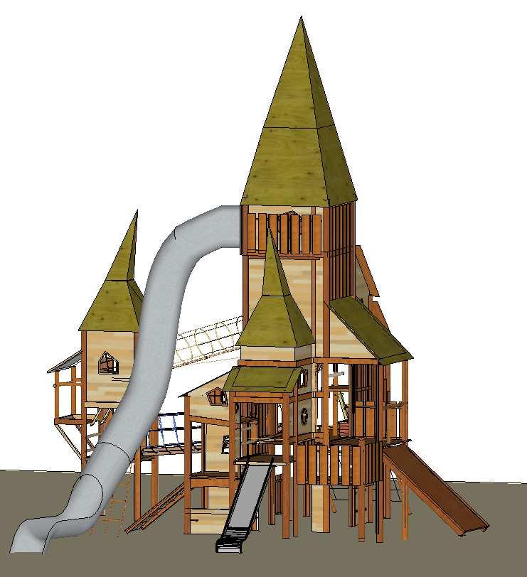 De hoofdtoren en 2 kleinere torens zijn uitgewerkt met een pinnemutsdak, dat asymmetrisch is opgebouwd en de toren een schots en scheef speelser karakter meegeeft.