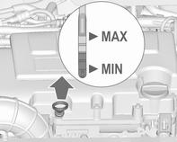 Verzorging van de auto 231 Wanneer het motoroliepeil tot het merkteken MIN is gedaald, dan motorolie bijvullen.