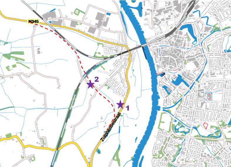 Afbeelding 1 - Plangebied rondweg (rode stippellijn) en de locaties