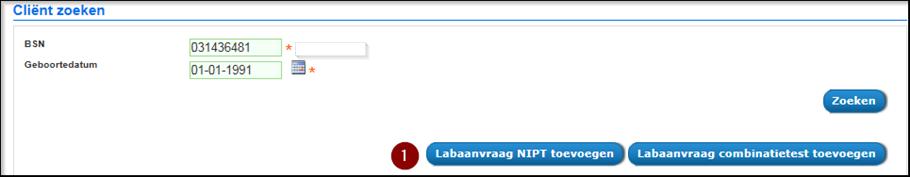 Indien de cliënt nog niet in Peridos bekend is en u hebt de rol Praktijkondersteuner NIPT, verschijnt de knop Labaanvraag NIPT toevoegen in het scherm.