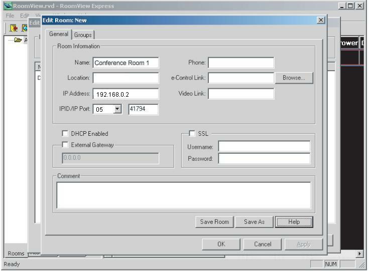 Crestron RoomView Voer op de pagina Edit Room (Kamer bewerken) van de Crestron RoomViewsoftware, het IP Address (IP-adres) (of de hostnaam) in, zoals weergegeven in het OSD-menu van het de projector,