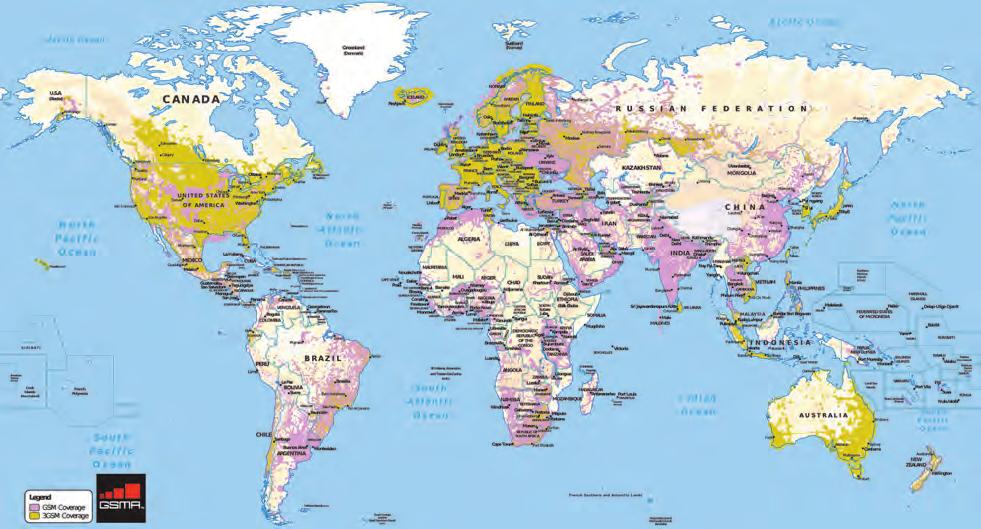 Afbeelding 2: Wereldkaart met de mobiele telefoniedekking in 2013 (groene en paarse gebieden), zoals gerapporteerd door de GSM