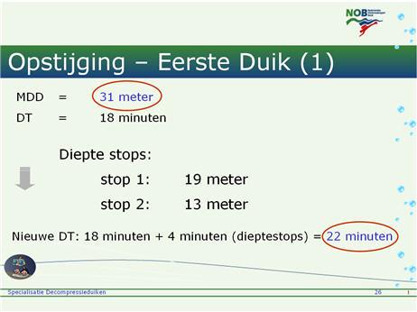 Slide 26. Opstijging - Eerste Duik (1) (Animaties: Na enkele seconden gaat er een pijl lopen van DT naar Nieuwe DT.