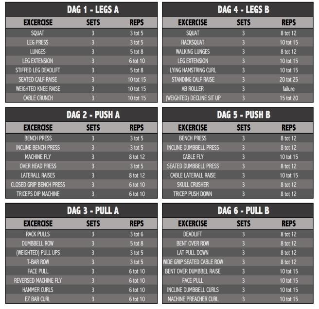 3. Legs/Push/Pull Routine Wanneer je zes keer in de week wilt gaan trainen is het verstandig om een Legs/Push/Pull schema aan te houden zoals hieronder weergegeven.