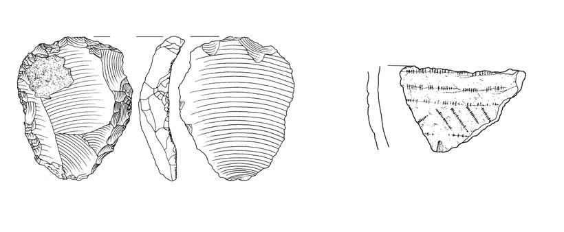 Elst het Bosje 25 Figuur 3.7 Schrabber van Rijckholt vuursteen en scherf met wikkeldraadversiering (schaal 1:2). (4200-2850 v.chr.). 35 Het wikkeldraad-aardewerk dateert uit de vroege bronstijd (2000-1800 v.