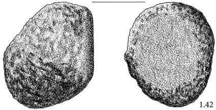 94 Elst het Bosje Figuur 7.5. Maalsteenloper van graniet (schaal 1:2). vlakken vertonen klopsporen. Deze sporen kunnen op twee manieren geïnterpreteerd worden.