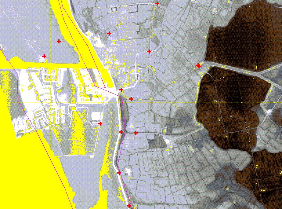 Figuur 12: in rood zijn viaducten aangegeven, die in eerste instantie niet goed zijn uitgefilterd. Later is dit probleem opgelost.