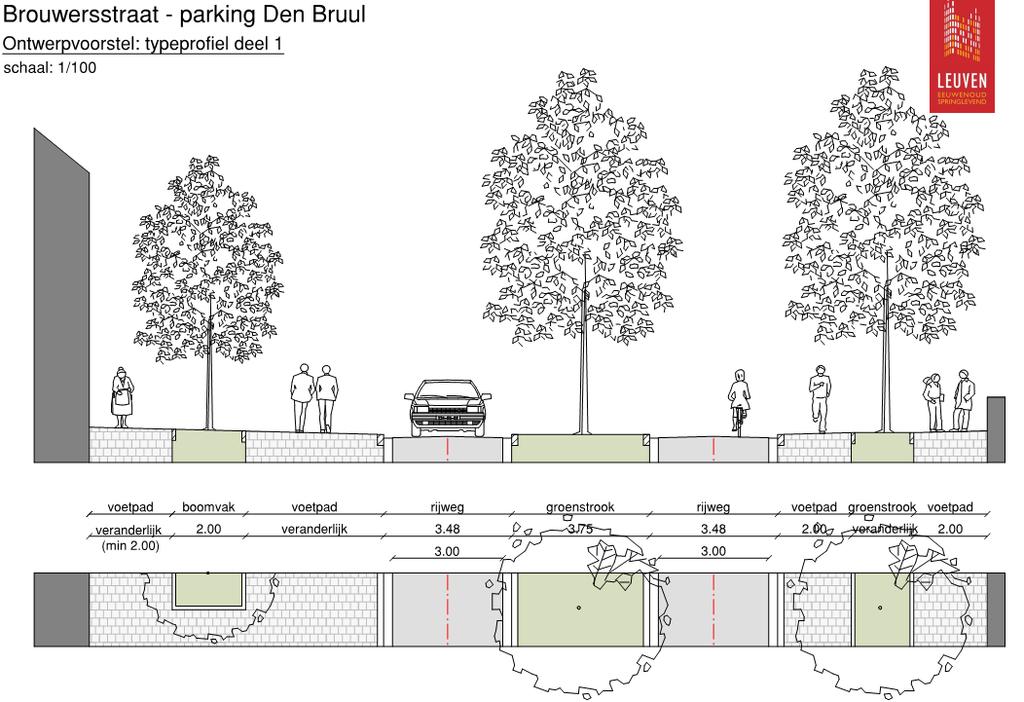 Het tweede segment is gelijkaardig aan het eerste maar de middenberm wordt vervangen door de in- en uitrit van de parking.