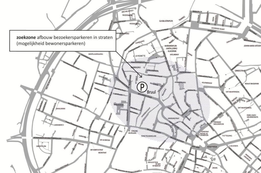 Er wordt een plan van aanpak uitgewerkt voor de autoluwe herinrichting van het openbaar domein in de middeleeuwse stadskern en in de zones rond de rotatieparkings, bestaande uit: o Een streefbeeld