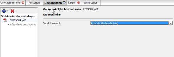 Indienen van de afzonderlijke beschrijving: Door te klikken op het blauwe plusteken in uw aanvraag, kunt u een keuze kunt maken voor Soort document.