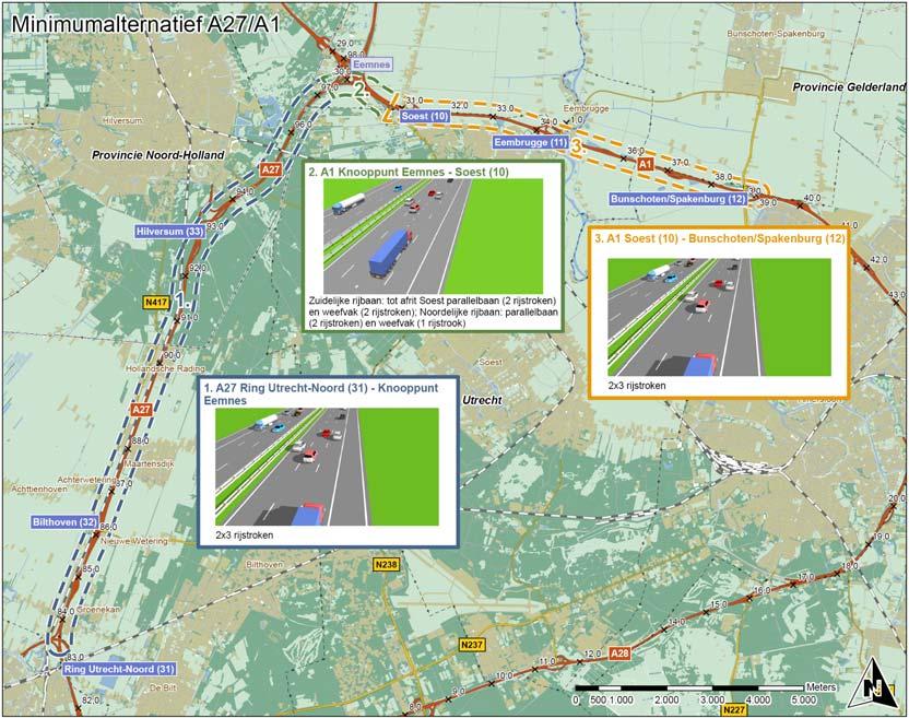 A27 Zowel de oost- als de westbaan van de A27 wordt tussen aansluiting Ring Utrecht-Noord (31) en knooppunt Eemnes uitgebreid van twee naar drie rijstroken.