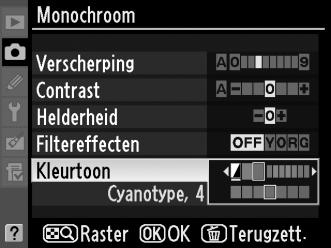A Kleurtoon (alleen voor Monochroom) Als u op 3 drukt terwijl Kleurtoon is geselecteerd, worden de opties voor verzadiging weergegeven. Druk op 4 of 2 om de verzadiging aan te passen.