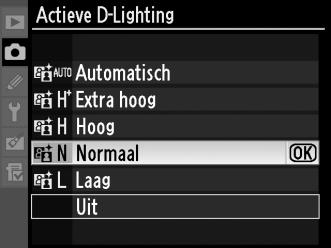 Voer onderstaande stappen uit als u actieve D-Lighting wilt gebruiken: 1 Selecteer Actieve D- Lighting in het opnamemenu. Druk op de G-knop om de menu s weer te geven.