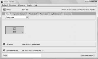 4 Zet de camera aan. 5 Foto s overbrengen. Nikon Transfer wordt automatisch gestart. Klik op de knop Overspelen starten om foto s over te brengen.