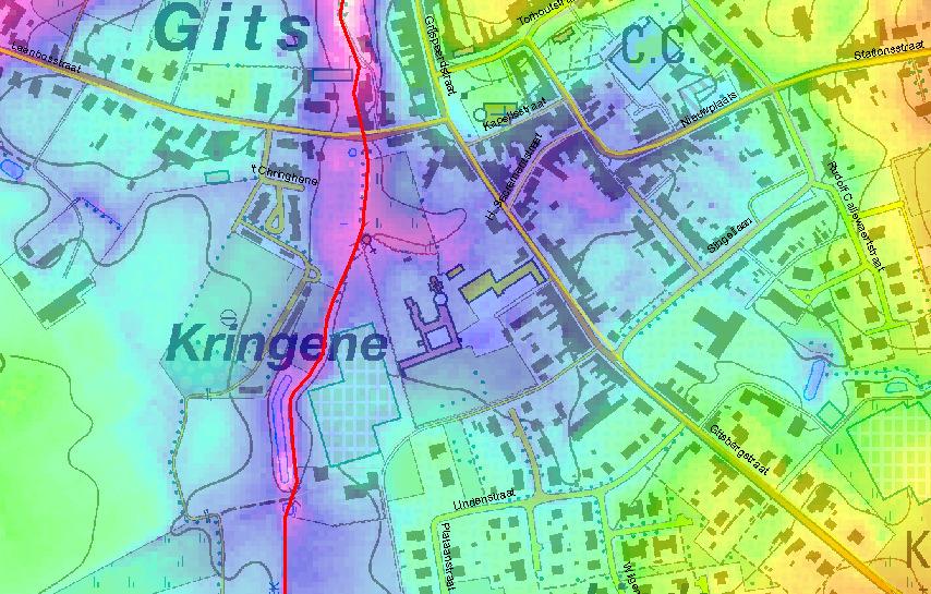 voor water van de Prinnebeek. Iets meer opwaarts, net afwaarts van de Gitsbergestraat, worden jeugdlokalen gebouwd (II op onderstaande figuur).