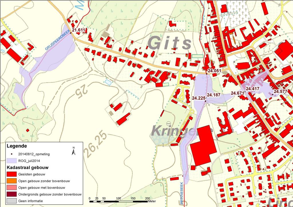 Bijlage I Hooglede, centrum Gits, contouren en waterhoogtes (mtaw) van recent overstroomd gebied eind juli 2014 (Bron: