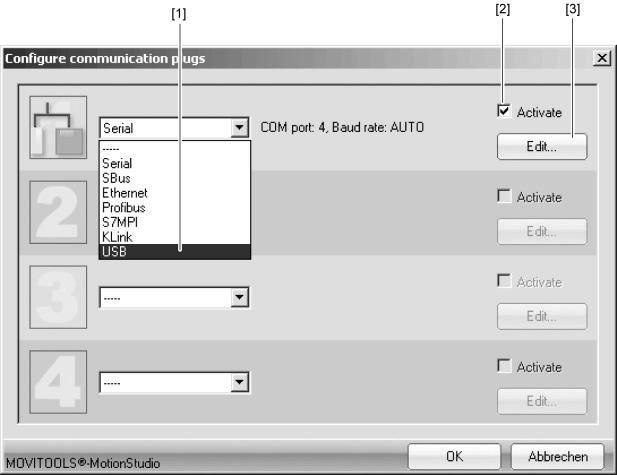 11 Bedrijf van de MOVITOOLS MotionStudio Communicatie via USB (direct) Vervolgens wordt het venster "Configure communication plugs" geopend.