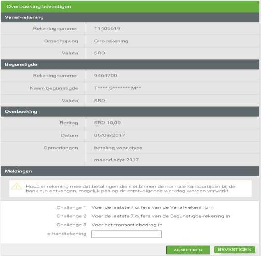 9. Bij het autoriseren van de overboeking vult u het volgende in op uw I-Signer: Challenge 1: de laatste 7 cijfers van de Vanaf-rekening (dit is het rekeningnummer waarvan het bedrag wordt