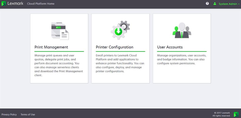 Overzicht 5 Overzicht Lexmark TM Het Cloudplatform is een volledig toegeruste, geïntegreerde cloudwebsite die toegang, configuratie en beheer van de Print Release-oplossing ondersteunt.