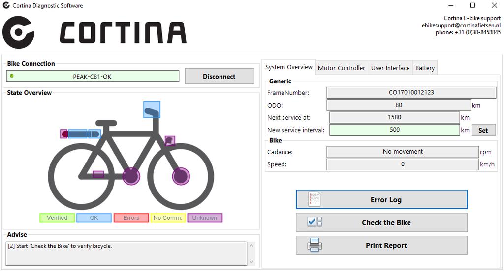 SYSTEM OVERVIEW 1 2 3 4 5 6 7 1. State overview: Alle componenten van de fiets met huidige status 2. Advise: Advies uit te voeren werkzaamheden 3.