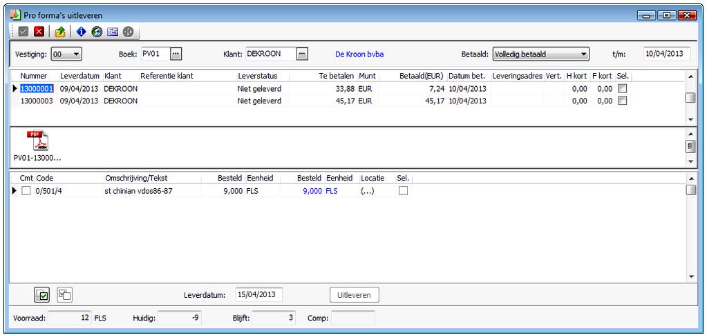 schermgedeelte worden de eventuele bijlagen van de pro forma s getoond. (B.v. pdf). Enkel betaalde pro forma s kunnen worden uitgeleverd. Pro forma s moeten altijd geheel uitgeleverd worden.