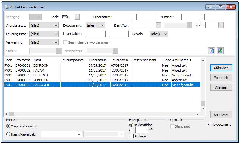 5.1. Wings: afdrukken lijst pro forma s De selecties bij afdruk zijn dezelfde als bij de raadpleging. 5.2.