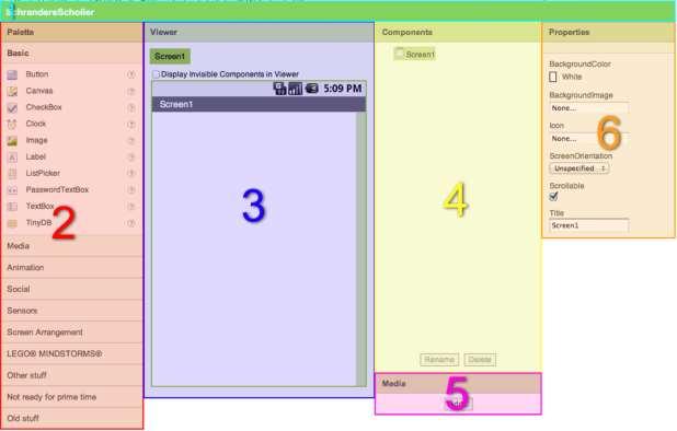 het "Designer" scherm Het "Designer" scherm bestaat uit diverse gebieden.