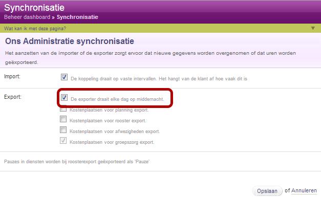 Dit kan gezien worden als aan-/uitknop voor de export.