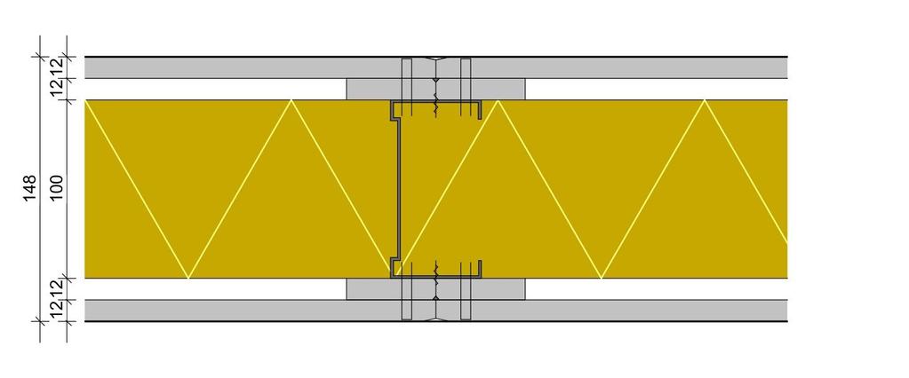 Scheidingswand met een brandweerstand van EI 90 en EW 120: 1 x 12 mm Wandtoepassing tegen stalen C profiel.