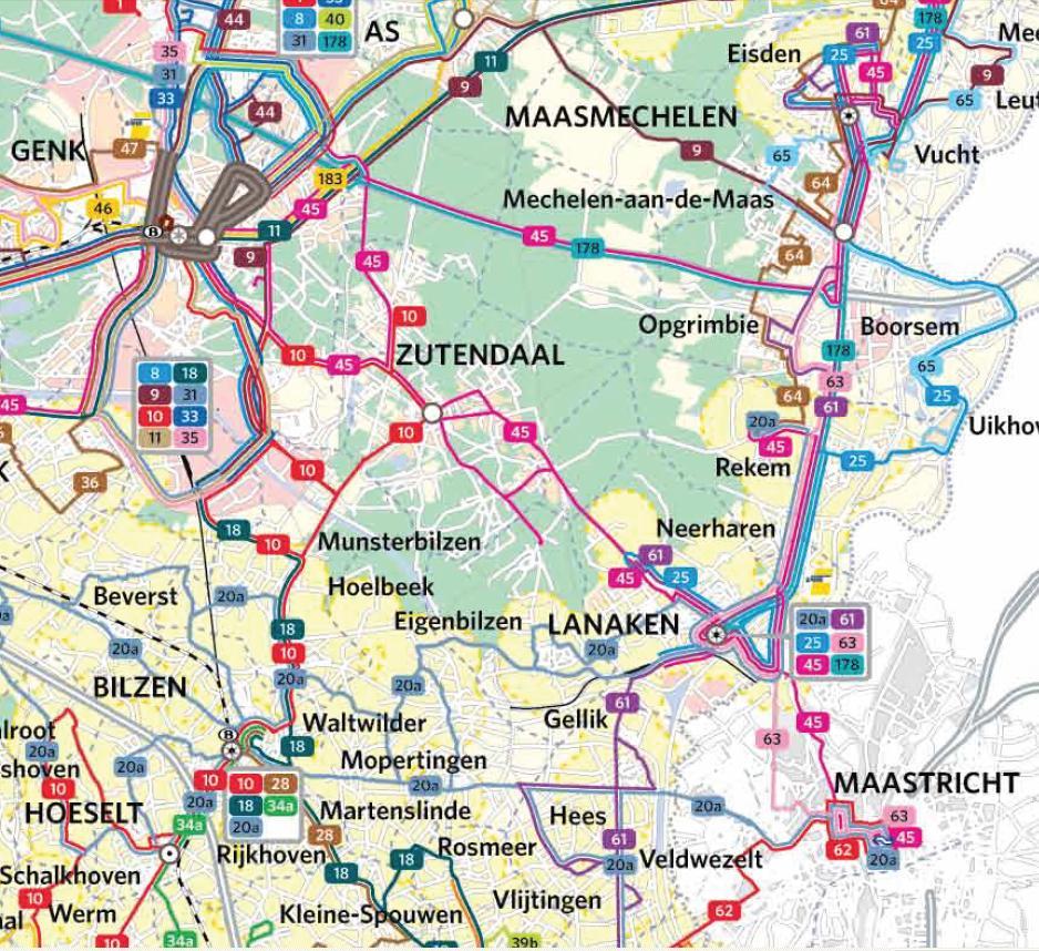 Huidig buslijnennet De Lijn Principe van het visgraatmodel: bussen rijden vanuit het omliggende gebied naar een tramhalte, reizigers stappen over op de tram voor de verbinding met Maastricht en