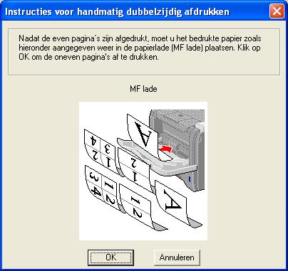 2. Afdrukmethoden c Neem de afgedrukte even pagina s van de uitvoerlade en plaats ze in dezelfde volgorde weer in de MF lade.