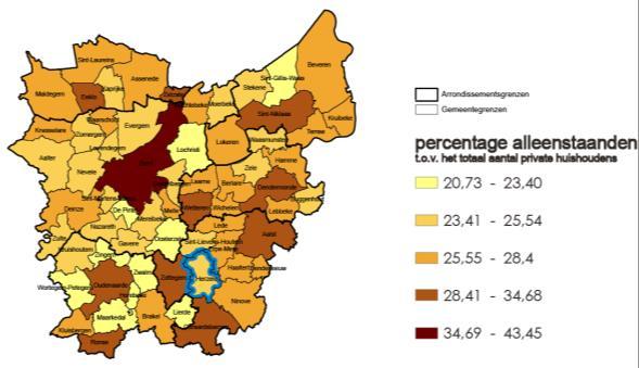 Oost-Vlaanderen Percentage alleenstaanden t.o.v. het totaal aantal huishoudens behoort, net zoals Sint-Lievens- Houtem, tot de gemeenten met een eerder laag percentage aan alleenstaanden.