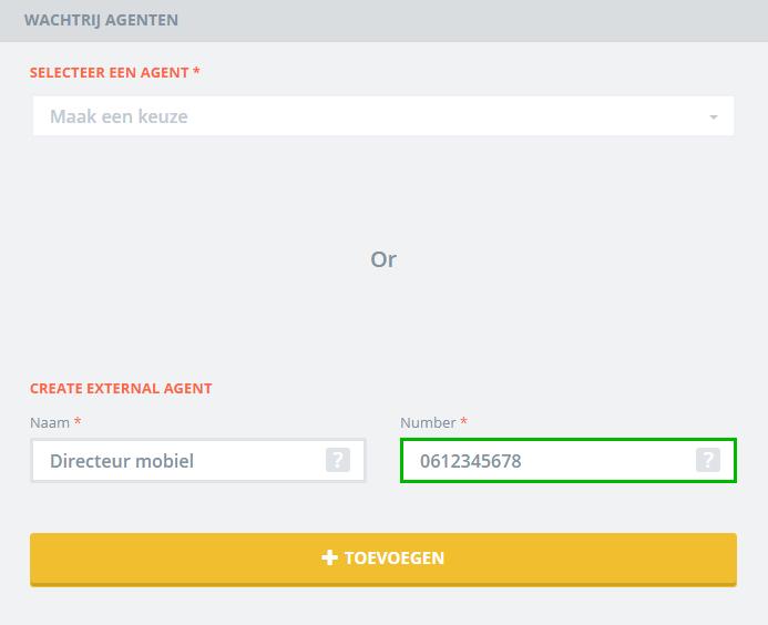 4. Wachtrij agenten: voeg interne toestellen en desgewenst externe nummers toe SELECTEER EEN AGENT- In de dropdown vindt u al uw toestellen.
