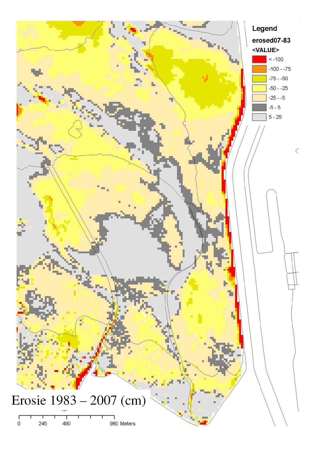 Figuur 10 Huidige hoogteligging projectgebied en een inschatting van de erosie in het projectgebied. Met de grootste erosie op de plaat aan de noordzijde.