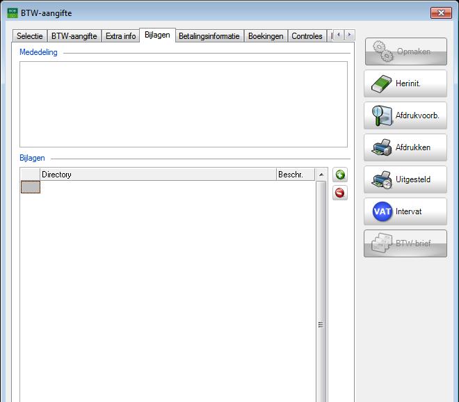 Btw-aangifte Bijkomende afdrukken en controles Bijlagen toevoegen aan een btw-aangifte Het is mogelijk om een Mededeling en een aantal Bijlagen toe te voegen aan een btw-aangifte om zo bijvoorbeeld