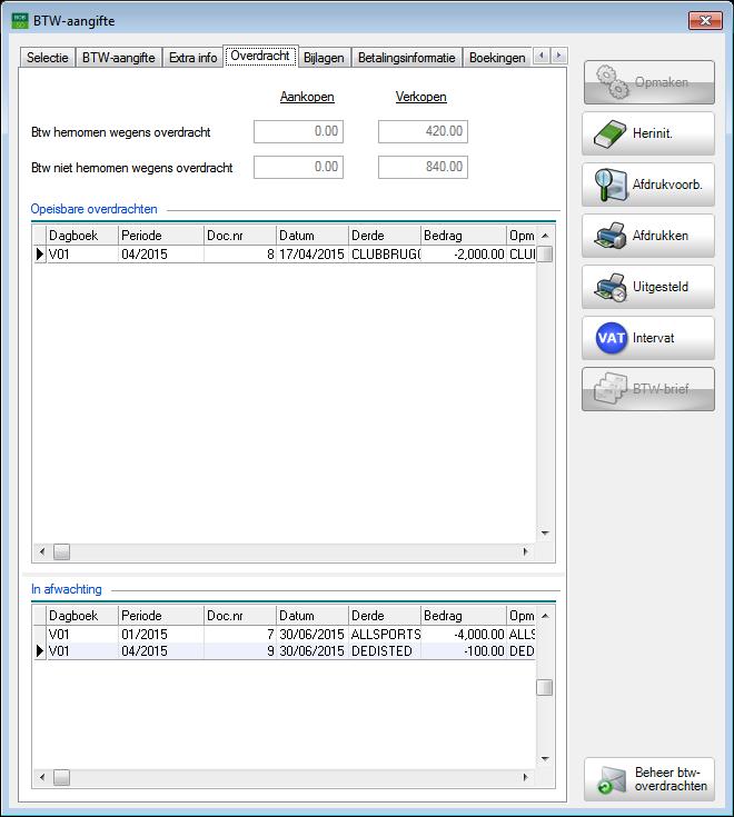 Btw-aangifte Bijkomende afdrukken en controles Overdracht van btw uit andere periodes Sage BOB 50 biedt de mogelijkheid om gebruik te maken van de regels voor de btw-overdracht.