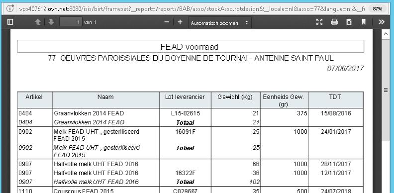 De tabel die gemaakt is na indrukken van de knop «planning» geeft de week aan waarin levering is voorzien