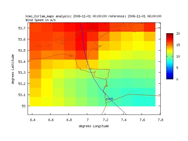 Een ander effect dat een rol kan spelen is dat de wind in de Eems Dollard mogelijk onderschat wordt door HIRLAM. In onderstaand figuur staat het windveld, zoals dit door HIRLAM wordt voorspeld.