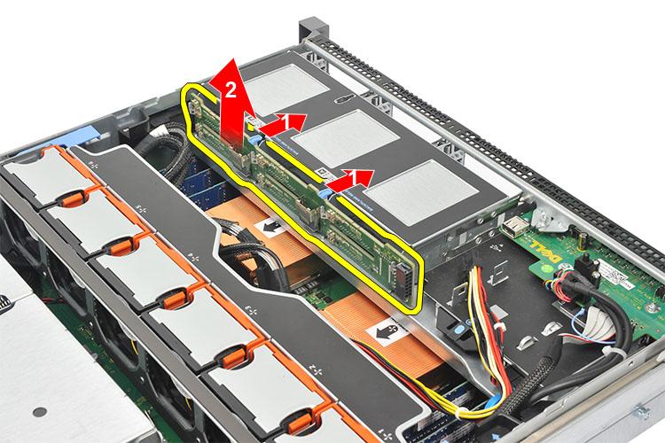 Verwante koppelingen Het SAS-backplane plaatsen Het SAS-backplane plaatsen 1. Druk de blauwe ontgrendellipjes in en steek het backplane in de sleuf langs de vaste schijf. 2. Sluit de SAS-kabels aan.