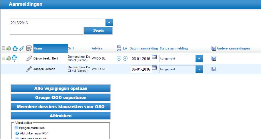 2.2. Aanmeldingen Hier heeft u een overzicht van leerlingen die zijn aangemeld in LDOS. In de laatste kolom kunt u zien of de leerling ook op een andere school is aangemeld.