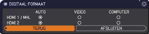 INPUT menu Onderdeel VIDEO FORMAT DIGITAAL FORMAAT DIGITAAL BEREIK Beschrijving Het videoformaat voor de VIDEO IN-poort en kan worden ingesteld.