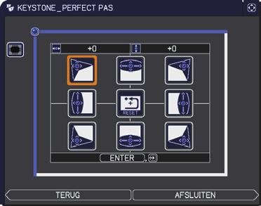 INSTELLING menu Onderdeel PERFECT PAS Beschrijving Met dit item kunt u de vorm van het geprojecteerde beeld in elk van de hoeken en aan alle zijden afstellen.