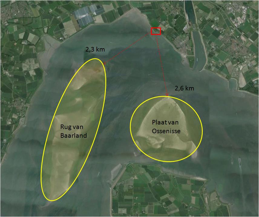 Afbeelding 6.1. Ligging van de twee dichtstbijzijnde, belangrijke gebieden voor vogels (gele arcering) ten opzichte van het plangebied (rode kader) 6.2.