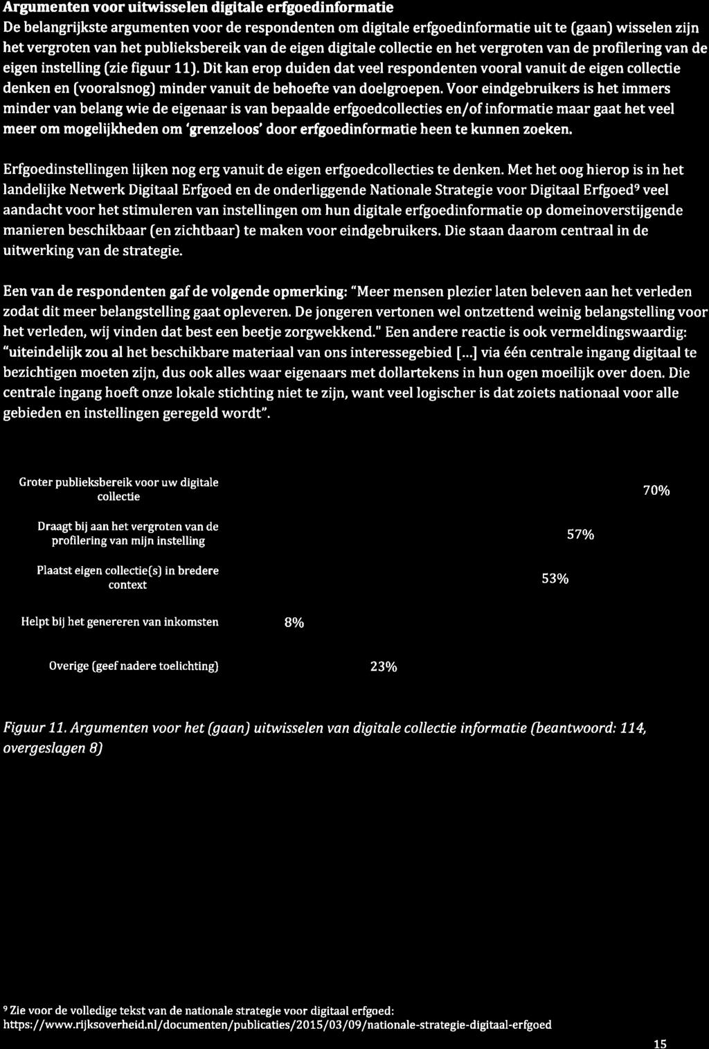 Argumenten voor uitwisselen digitale erfgoedinformatie De belangrijkste argumenten voor de respondenten om digitale erfgoedinformatie uit te (gaan) wisselen zijn het vergroten van het publieksbereik