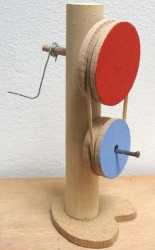 24 Werkstuk Tim heeft een werkstuk gemaakt met twee wielen en een elastiek. Met een hendel laat hij het grote wiel draaien. oor het elastiek draait ook het onderste wiel.