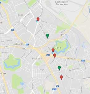 6.1.1 Fietsostrade Antwerpen Mechelen (Mortsel) Figuur 12: Aanduiding kruisingen fietsostrade met lokale wegen in Mortsel (fietsers in de voorrang = groen, fietsers uit de voorrang = rood) De