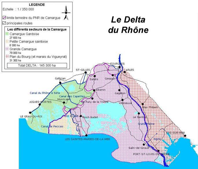 A. RHÔNE DELTA II. BEZOCHTE GEBIEDEN De Rhône Delta bestaat uit de Grote Camargue (78000 ha), Kleine Camargue (8300 ha), de Camargue Gardoise 27000 ha) en Bourg (31300 ha).