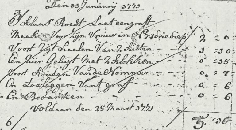 07-01-1771: Janu[ari] 7 Abraham Roest geeft aan 't lijk van zijn behuwd zuster Aaltje Vergans als gehorende onder de 4e Classe Dus ontfangen f 3:,Haar man Klaas Roest laat in de kerk van